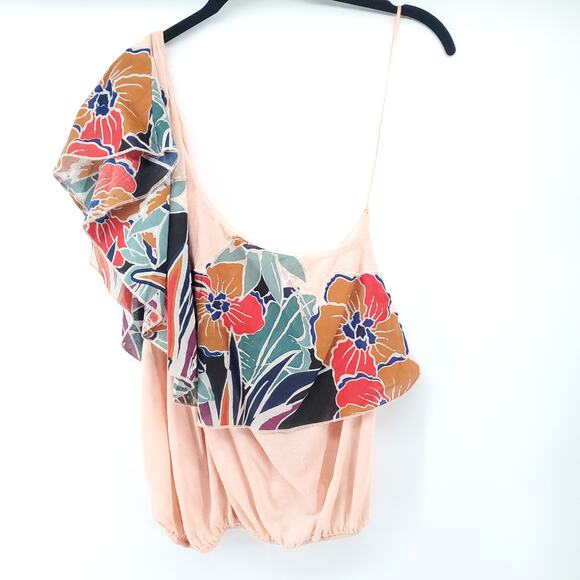 Free People Boho Annka Linen Floral Botanical One Shoulder Flutter SleeveTank S - Picture 2 of 10